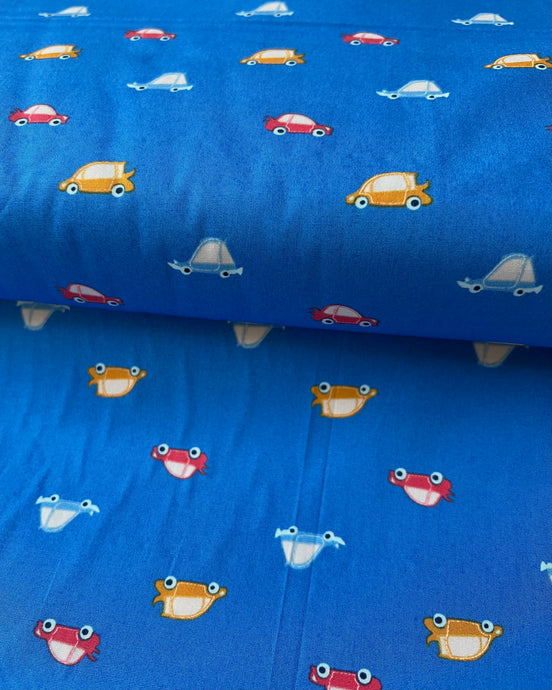Colorful Cars Print Cotton Fabric- “Thrill Ride Night"- Art Gallery Monsterville