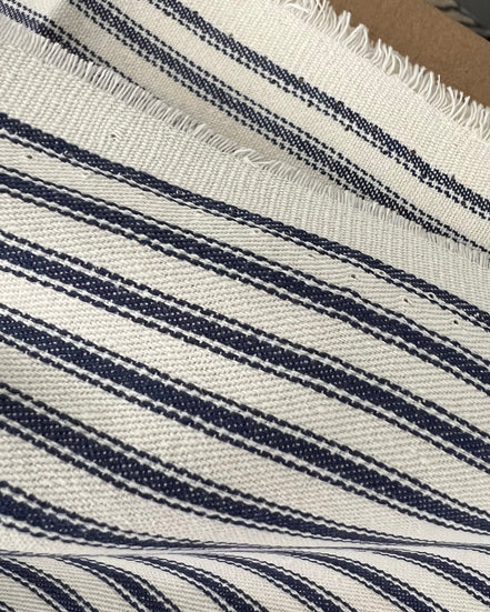 Woven Cotton Ticking Stripe- Navy and Off White- 44” Wide