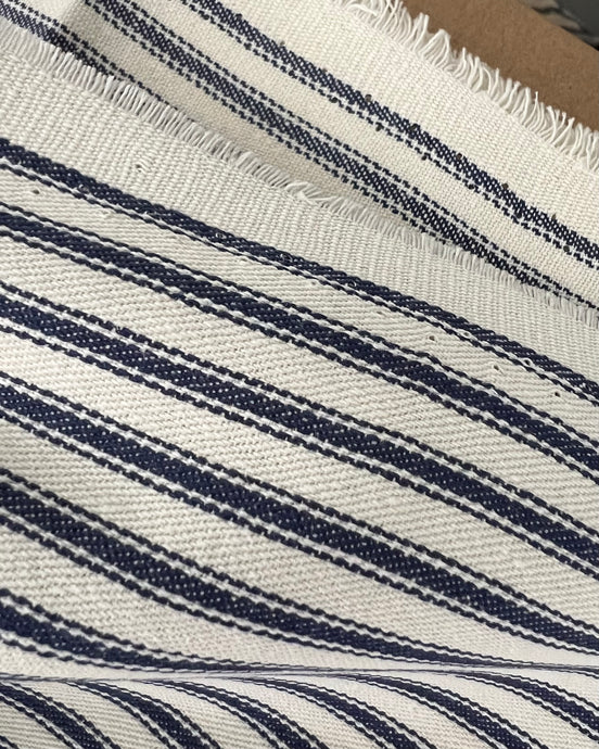 Woven Cotton Ticking Stripe- Navy and Off White- 44” Wide