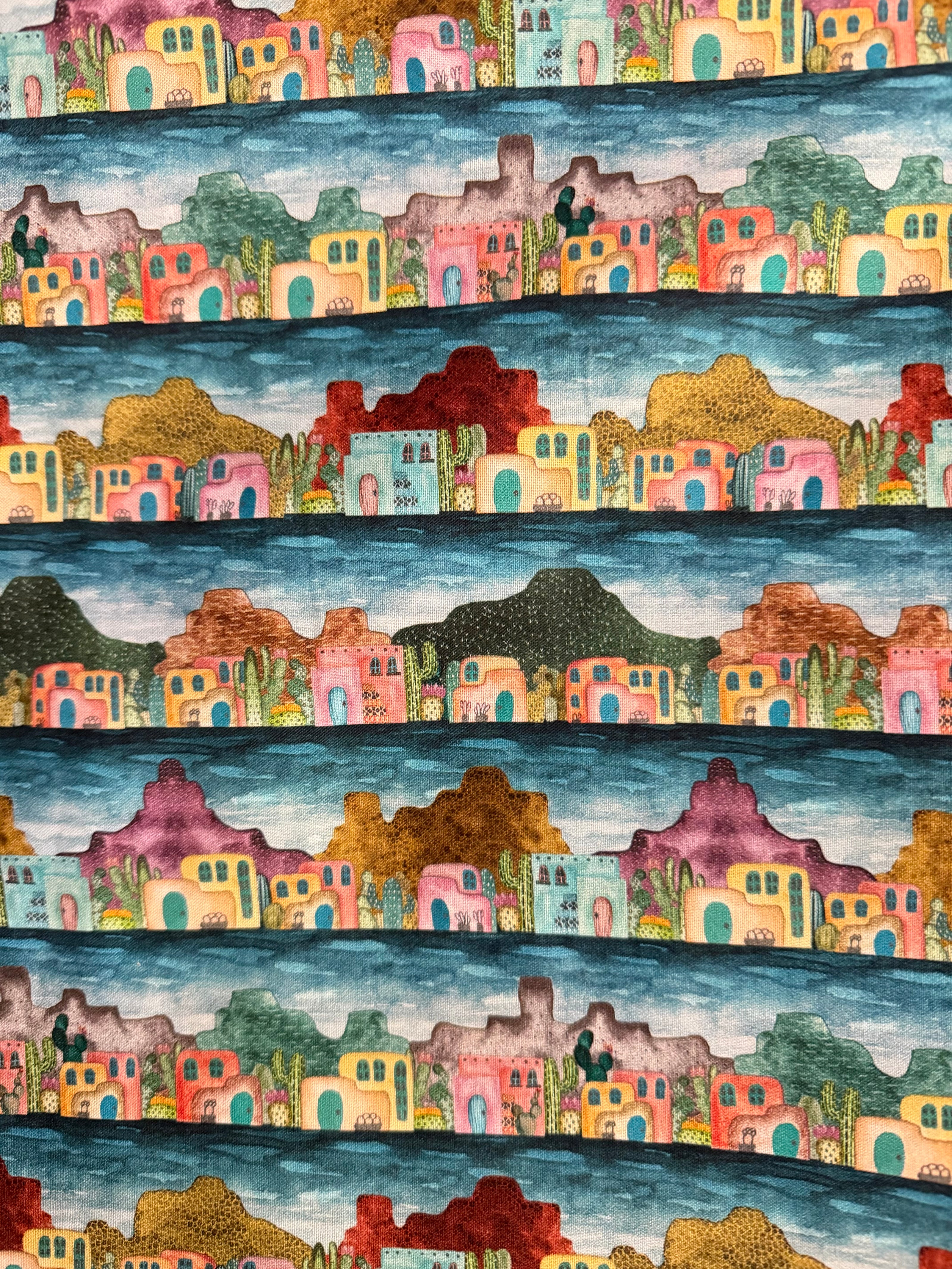 Colorful Adobe Houses- Magical Desert- 100% Cotton Fabric- 44” Wide