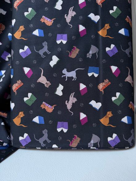 Cats, Books on Black- ‘The Purrrfect Book Club- Scattered Cats and Books” Lewis & Irene Cotton Fabric- 44” Wide