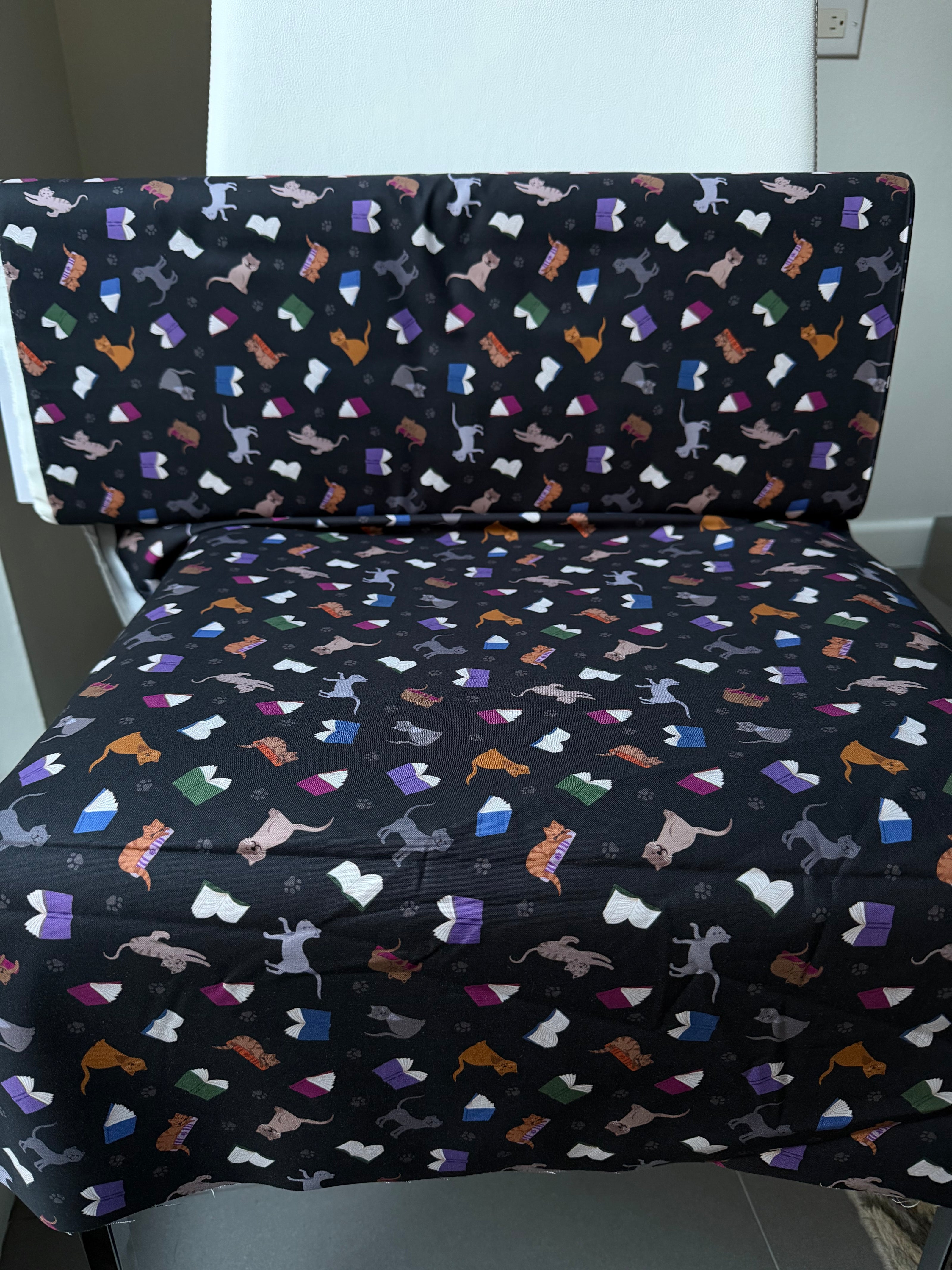 Cats, Books on Black- ‘The Purrrfect Book Club- Scattered Cats and Books” Lewis & Irene Cotton Fabric- 44” Wide