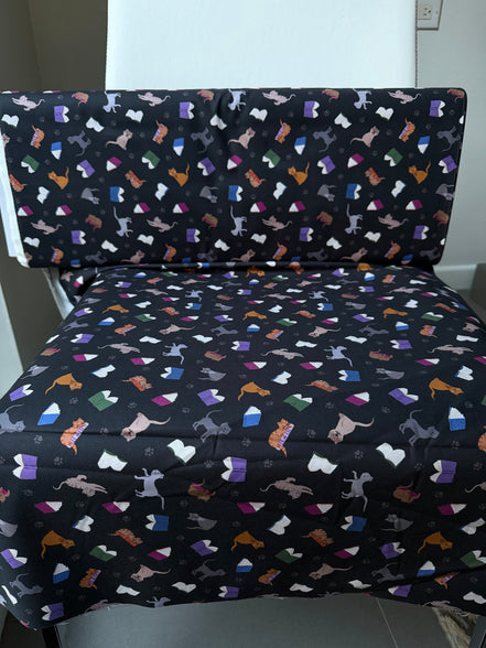 Cats, Books on Black- ‘The Purrrfect Book Club- Scattered Cats and Books” Lewis & Irene Cotton Fabric- 44” Wide