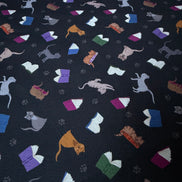 Cats, Books on Black- ‘The Purrrfect Book Club- Scattered Cats and Books” Lewis & Irene Cotton Fabric- 44” Wide
