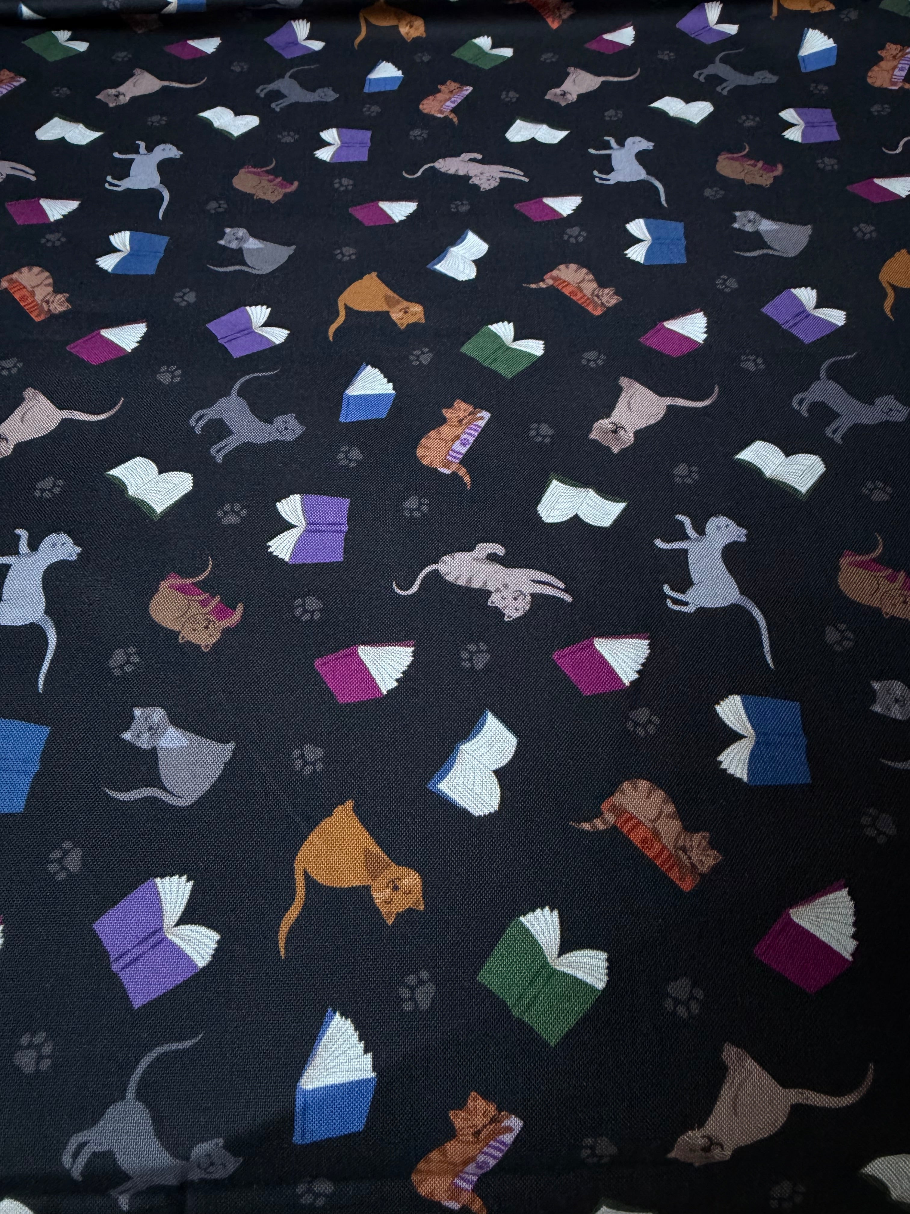 Cats, Books on Black- ‘The Purrrfect Book Club- Scattered Cats and Books” Lewis & Irene Cotton Fabric- 44” Wide