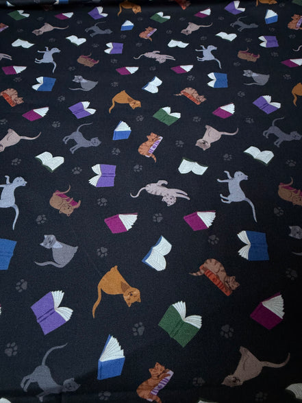 Cats, Books on Black- ‘The Purrrfect Book Club- Scattered Cats and Books” Lewis & Irene Cotton Fabric- 44” Wide