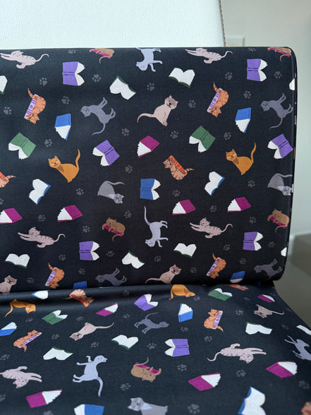 Cats, Books on Black- ‘The Purrrfect Book Club- Scattered Cats and Books” Lewis & Irene Cotton Fabric- 44” Wide