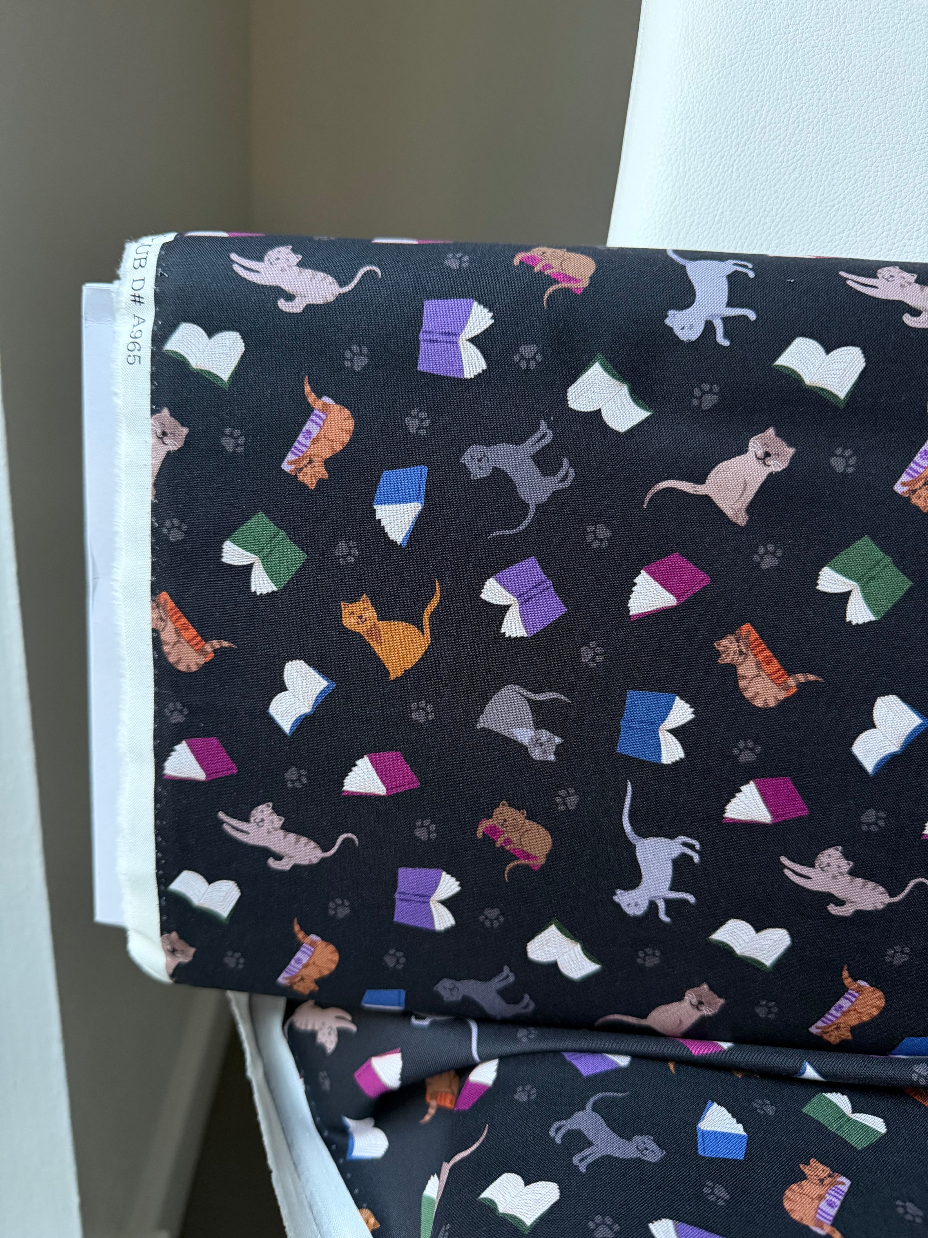 Cats, Books on Black- ‘The Purrrfect Book Club- Scattered Cats and Books” Lewis & Irene Cotton Fabric- 44” Wide