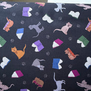Cats, Books on Black- ‘The Purrrfect Book Club- Scattered Cats and Books” Lewis & Irene Cotton Fabric- 44” Wide