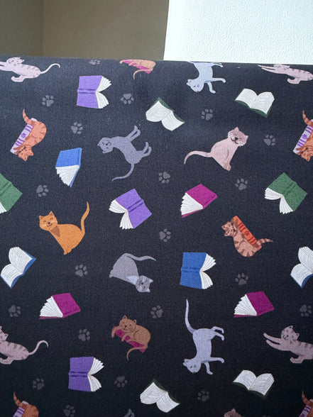 Cats, Books on Black- ‘The Purrrfect Book Club- Scattered Cats and Books” Lewis & Irene Cotton Fabric- 44” Wide
