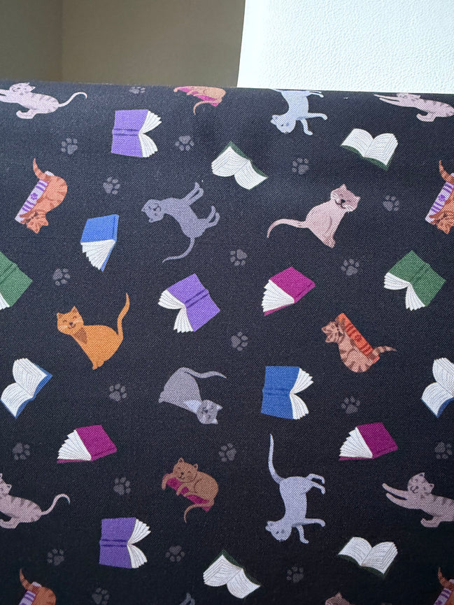 Cats, Books on Black- ‘The Purrrfect Book Club- Scattered Cats and Books” Lewis & Irene Cotton Fabric- 44” Wide