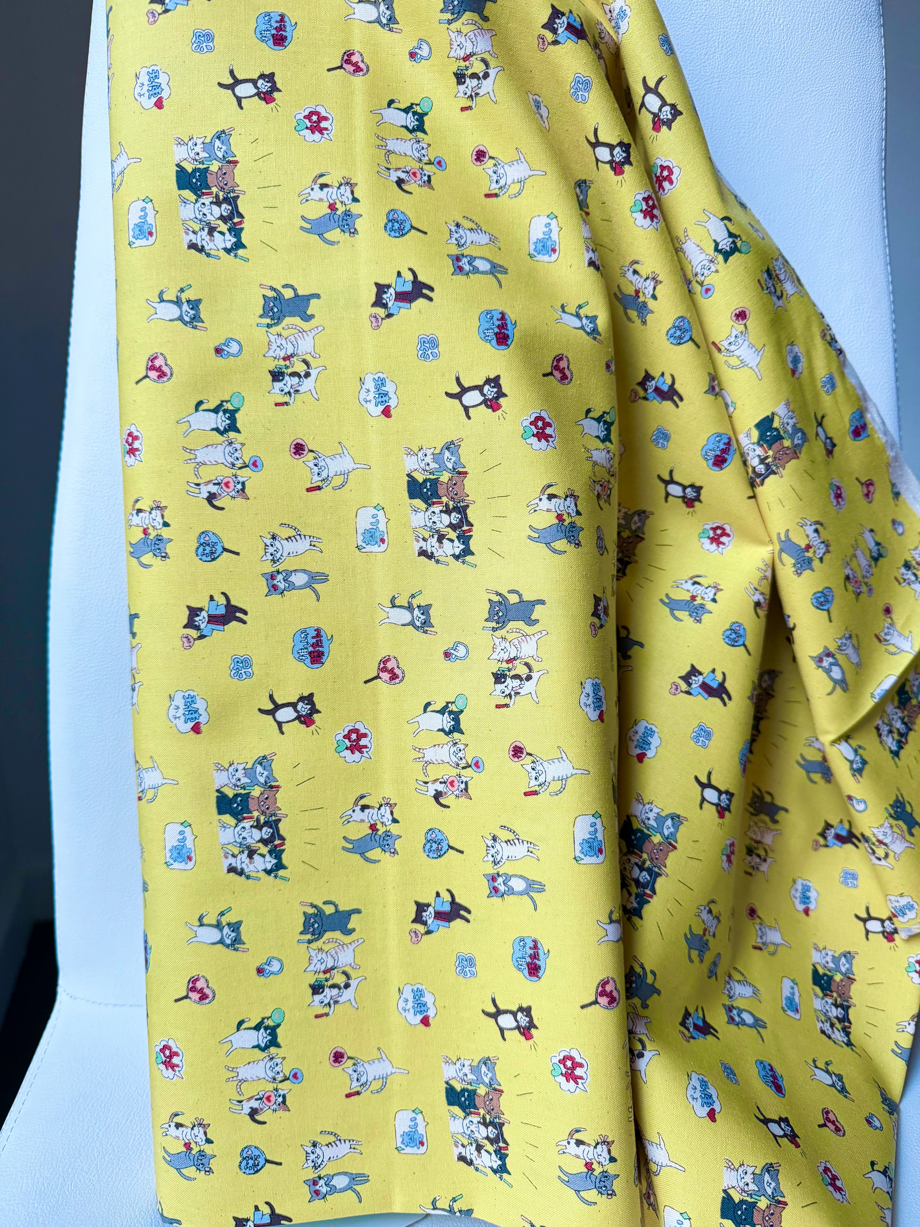 Funny Cats on Yellow Cotton Fabric- Kokka- Japanese- 44” Wide