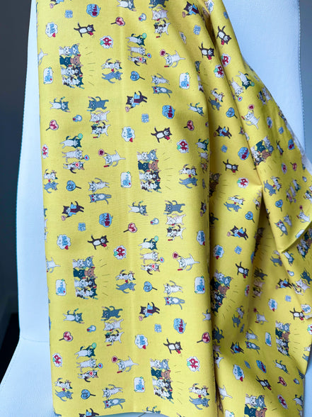 Funny Cats on Yellow Cotton Fabric- Kokka- Japanese- 44” Wide