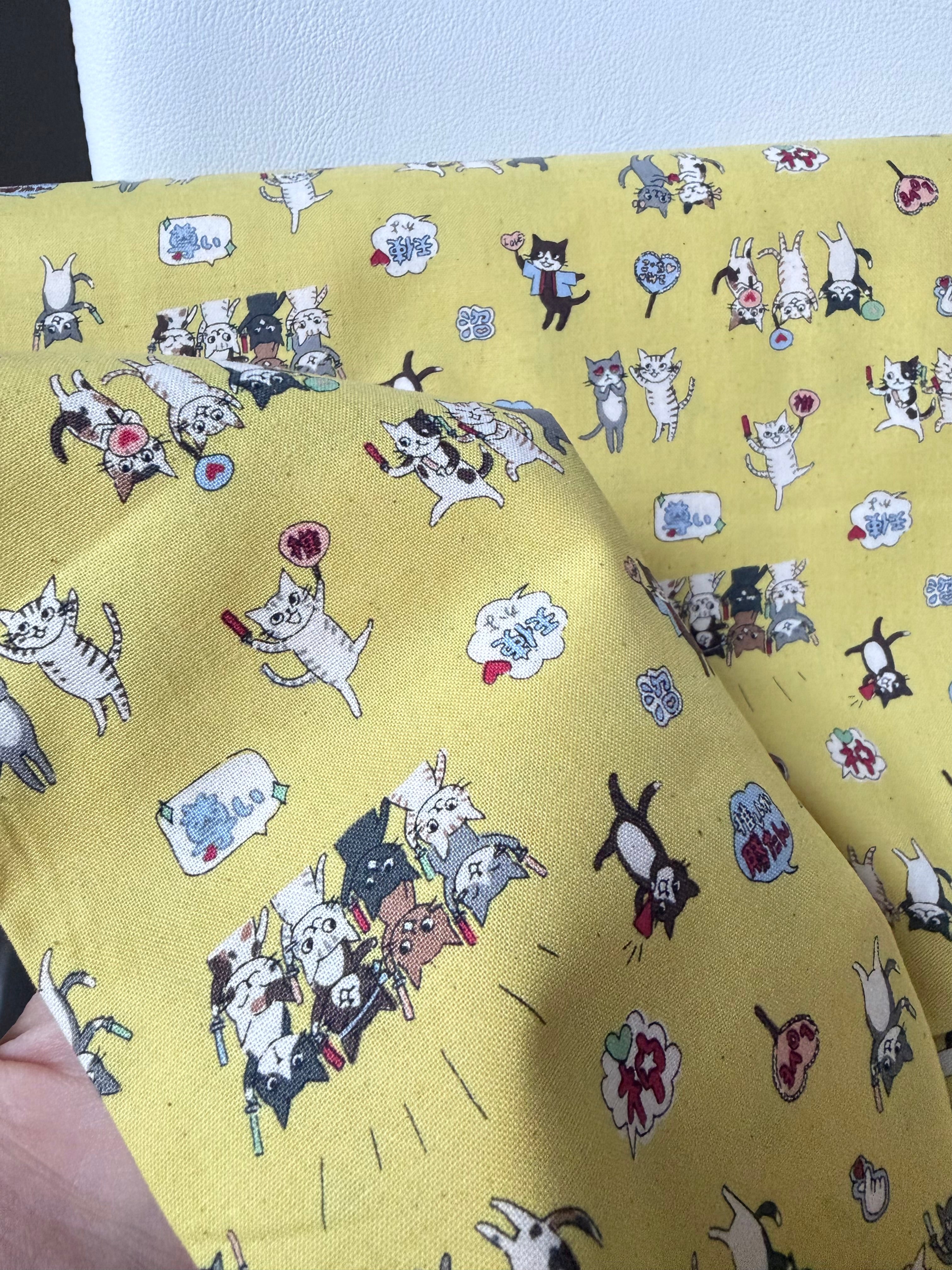 Funny Cats on Yellow Cotton Fabric- Kokka- Japanese- 44” Wide