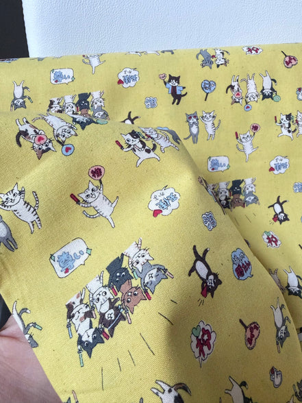 Funny Cats on Yellow Cotton Fabric- Kokka- Japanese- 44” Wide