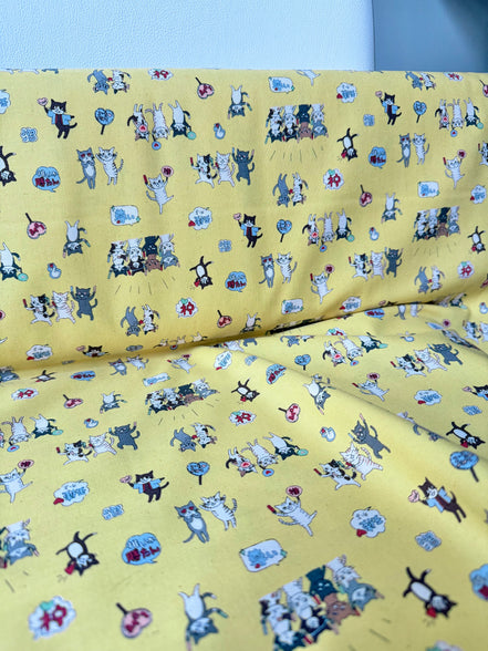 Funny Cats on Yellow Cotton Fabric- Kokka- Japanese- 44” Wide