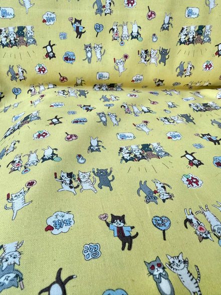 Funny Cats on Yellow Cotton Fabric- Kokka- Japanese- 44” Wide