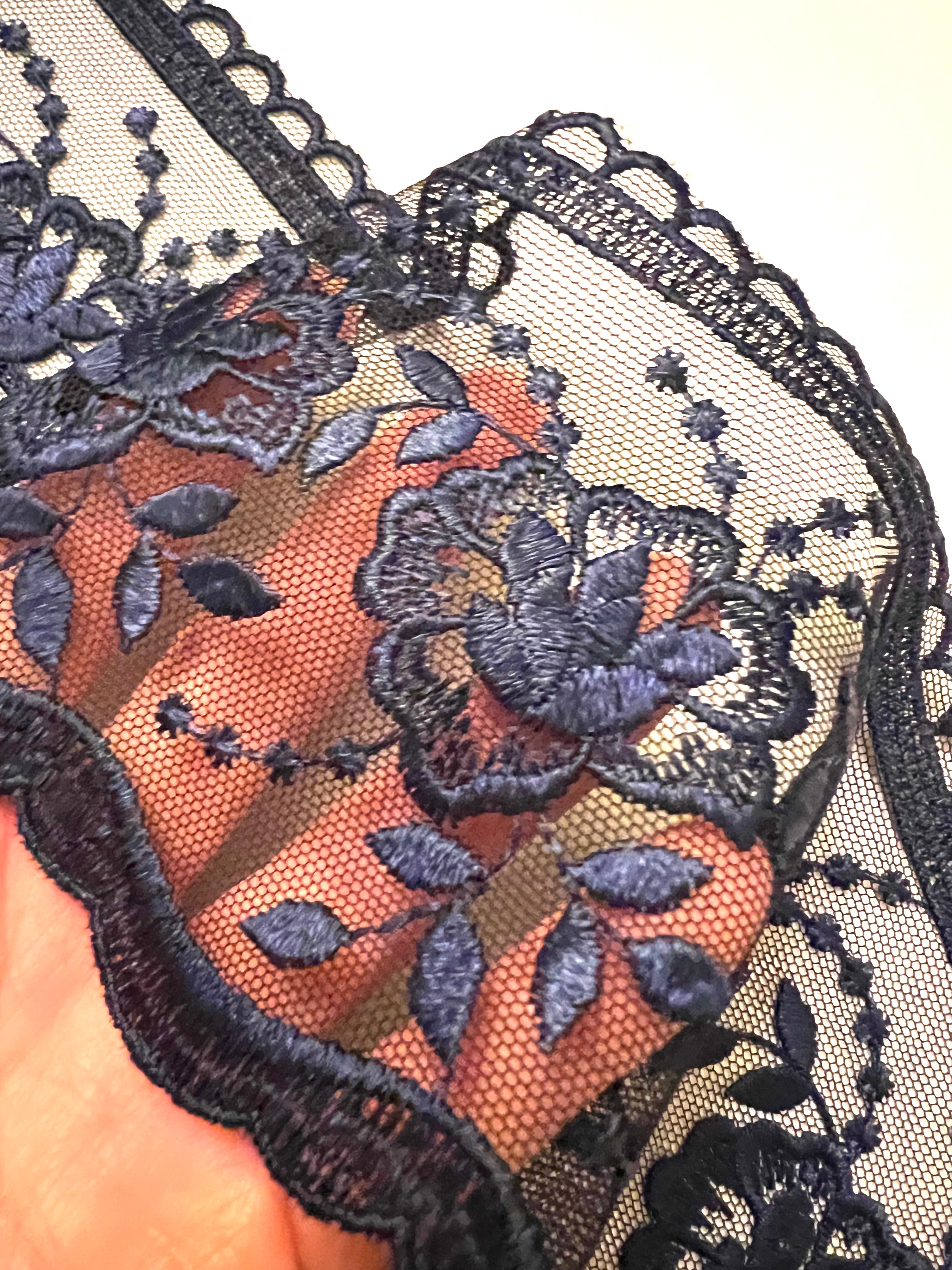 Navy Blue Floral Embroidery on Tulle- Lace Trim 3519- 4 1/8