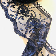 Navy Blue Floral Embroidery on Tulle- Lace Trim 3519- 4 1/8