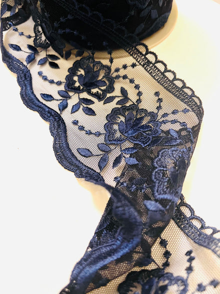 Navy Blue Floral Embroidery on Tulle- Lace Trim 3519- 4 1/8" Wide