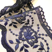 Navy Blue Floral Embroidery on Tulle- Lace Trim 3519- 4 1/8