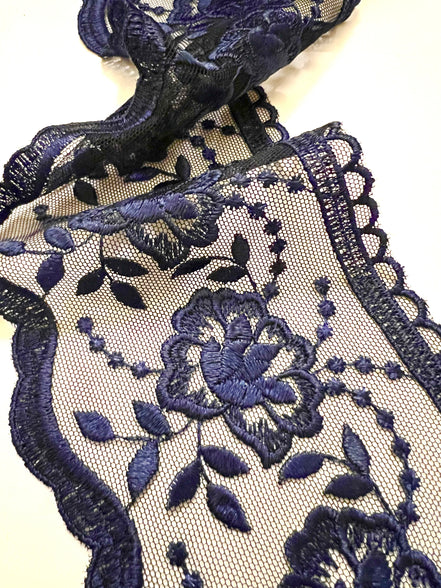 Navy Blue Floral Embroidery on Tulle- Lace Trim 3519- 4 1/8" Wide