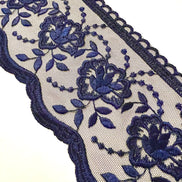 Navy Blue Floral Embroidery on Tulle- Lace Trim 3519- 4 1/8