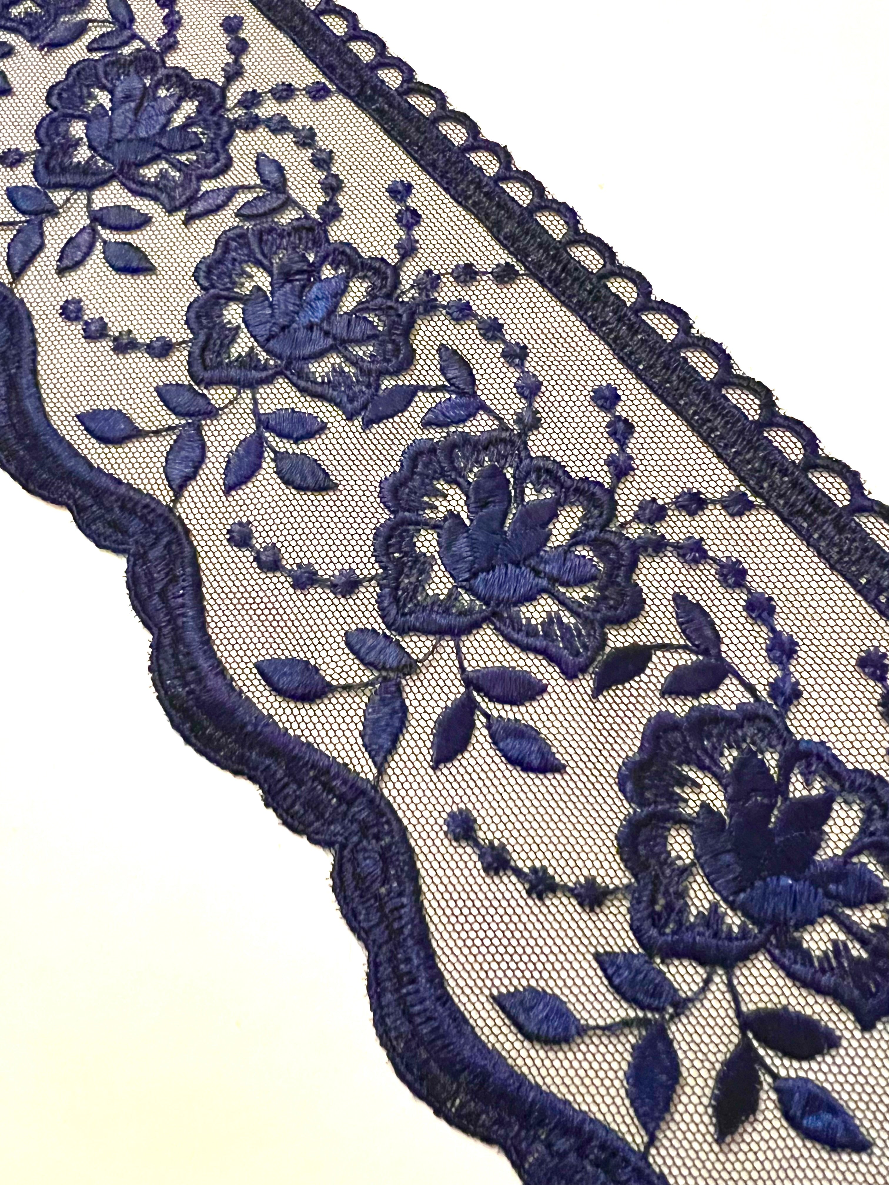 Navy Blue Floral Embroidery on Tulle- Lace Trim 3519- 4 1/8