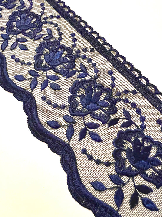 Navy Blue Floral Embroidery on Tulle- Lace Trim 3519- 4 1/8" Wide