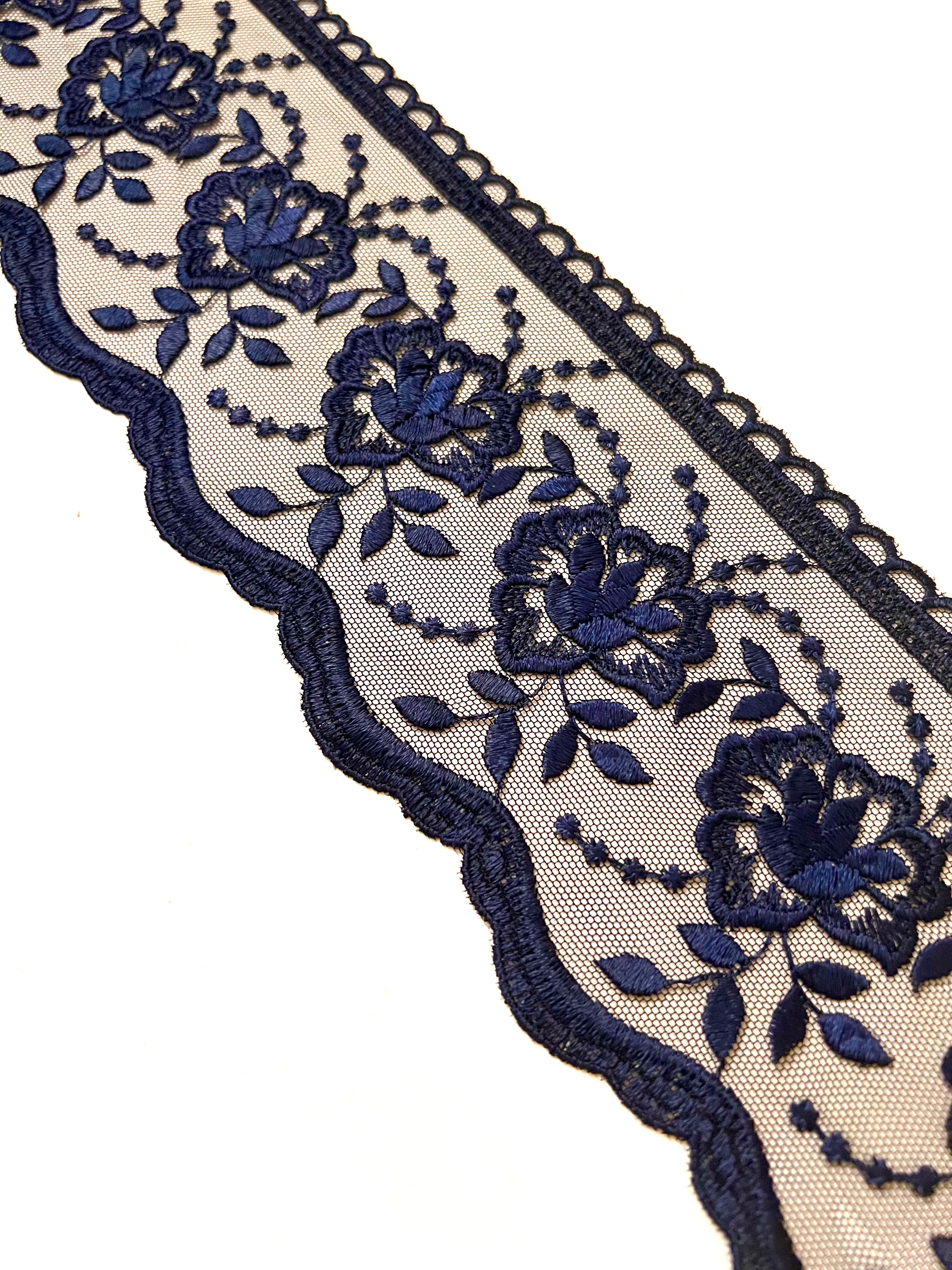 Navy Blue Floral Embroidery on Tulle- Lace Trim 3519- 4 1/8