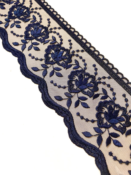 Navy Blue Floral Embroidery on Tulle- Lace Trim 3519- 4 1/8" Wide