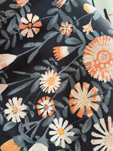 Apricot, Slate Blue Floral on Charcoal "Tenderness Uplifting" Canvas Fabric- 58"