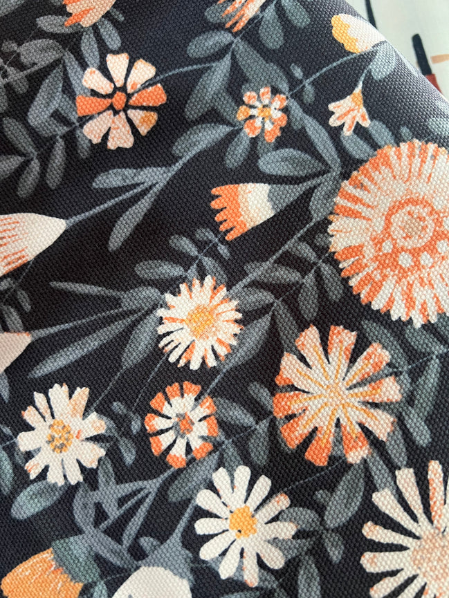 Apricot, Slate Blue Floral on Charcoal "Tenderness Uplifting" Canvas Fabric- 58"
