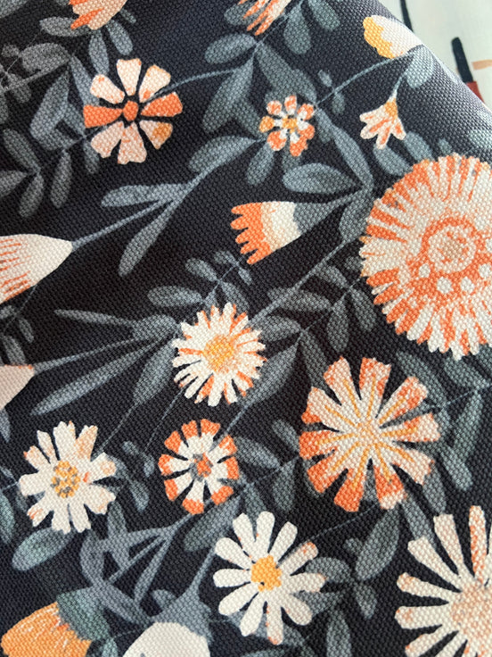Apricot, Slate Blue Floral on Charcoal "Tenderness Uplifting" Canvas Fabric- 58"
