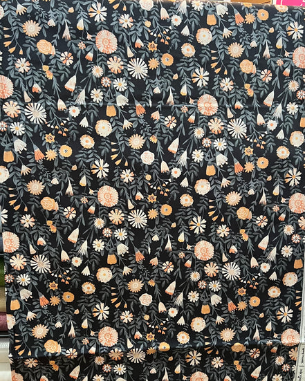 Apricot, Slate Blue Floral on Charcoal "Tenderness Uplifting" Canvas Fabric- 58"