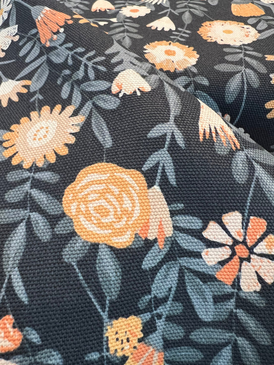 Apricot, Slate Blue Floral on Charcoal "Tenderness Uplifting" Canvas Fabric- 58"