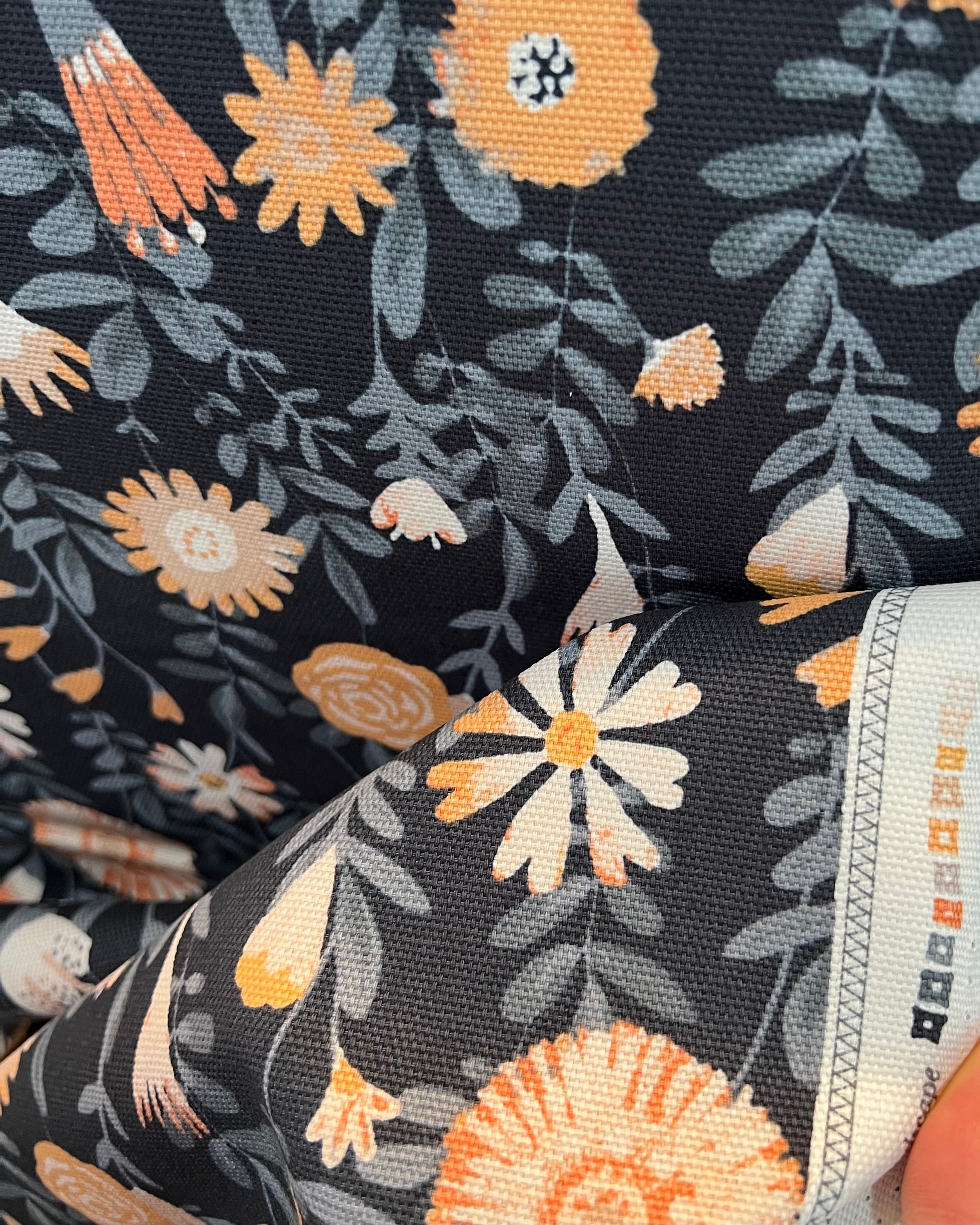 Apricot, Slate Blue Floral on Charcoal 