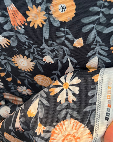 Apricot, Slate Blue Floral on Charcoal "Tenderness Uplifting" Canvas Fabric- 58"
