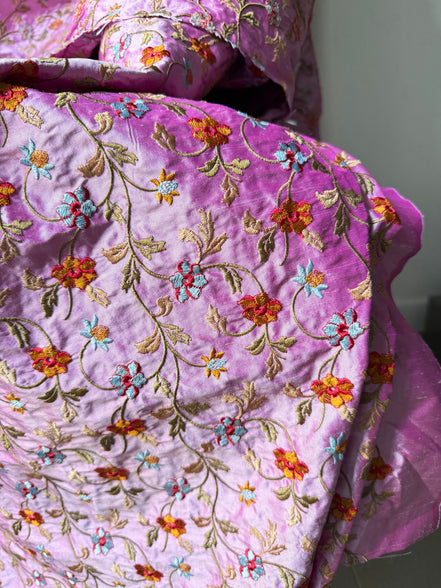 European Embroidery on Orchid Colored Silk- 55" (1737)