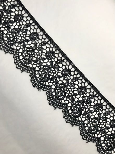 Roses Guipure Scalloped Trim- Black- 2"- 3737
