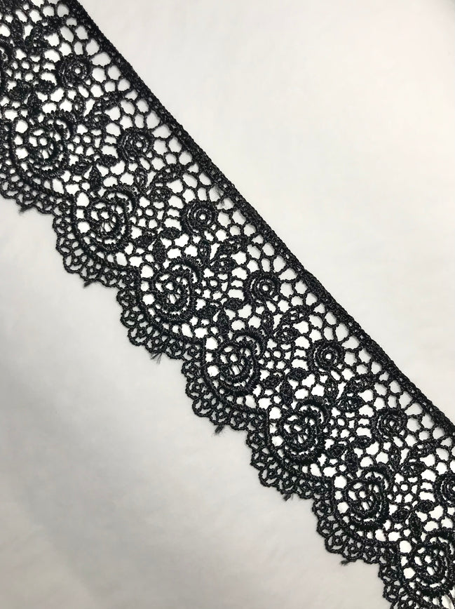 Roses Guipure Scalloped Trim- Black- 2"- 3737