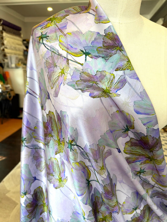 Purple, Chartreuse Floral on Pale Lilac- Silk Charmeuse- 53” Wide (1734)