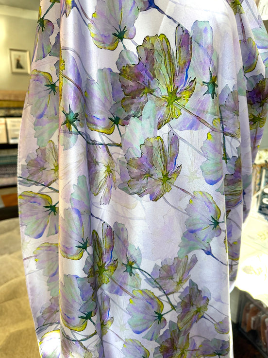 Purple, Chartreuse Floral on Pale Lilac- Silk Charmeuse- 53” Wide (1734)