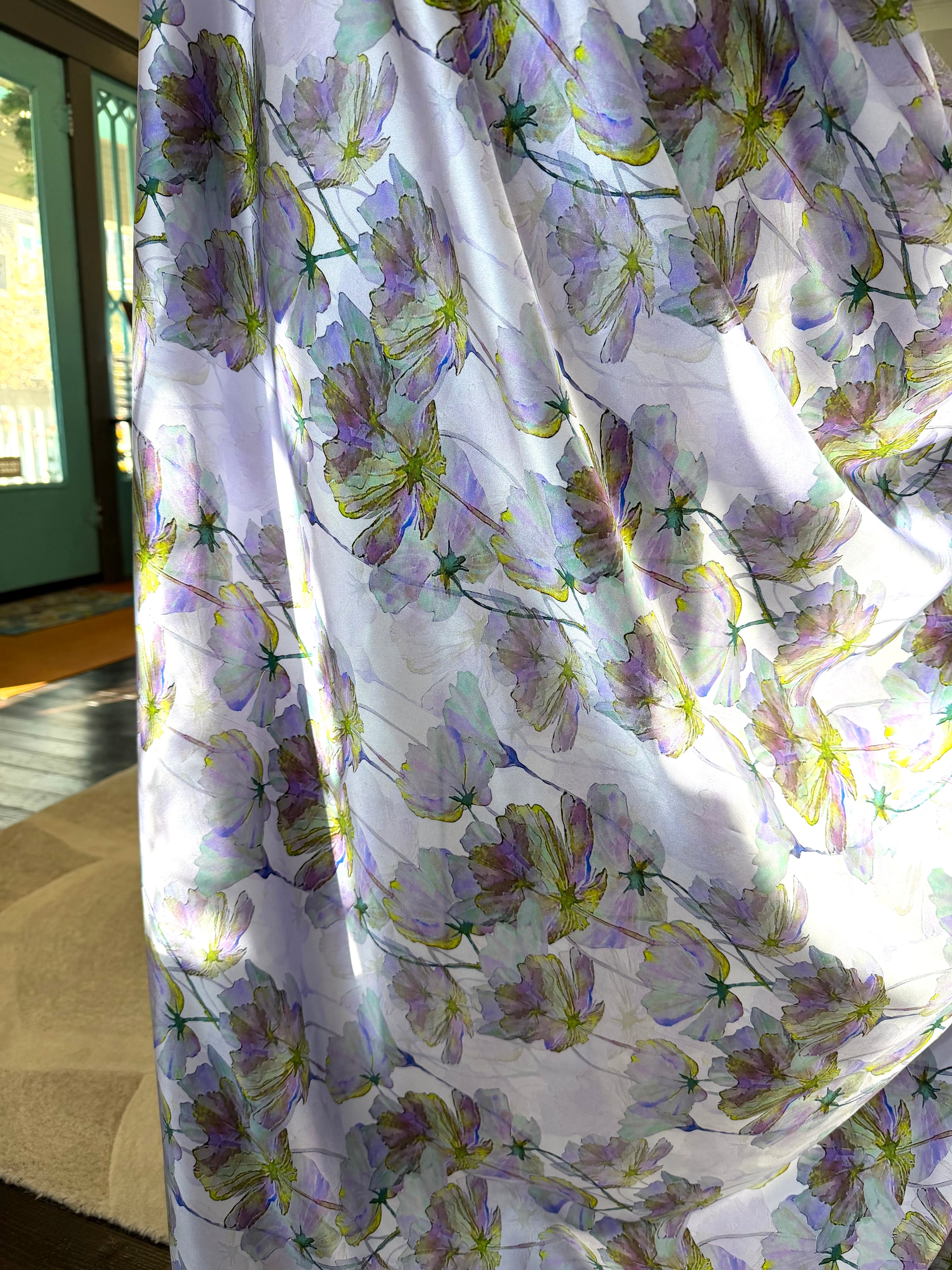Purple, Chartreuse Floral on Pale Lilac- Silk Charmeuse- 53” Wide (1734)