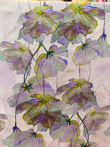 Purple, Chartreuse Floral on Pale Lilac- Silk Charmeuse- 53” Wide (1734)