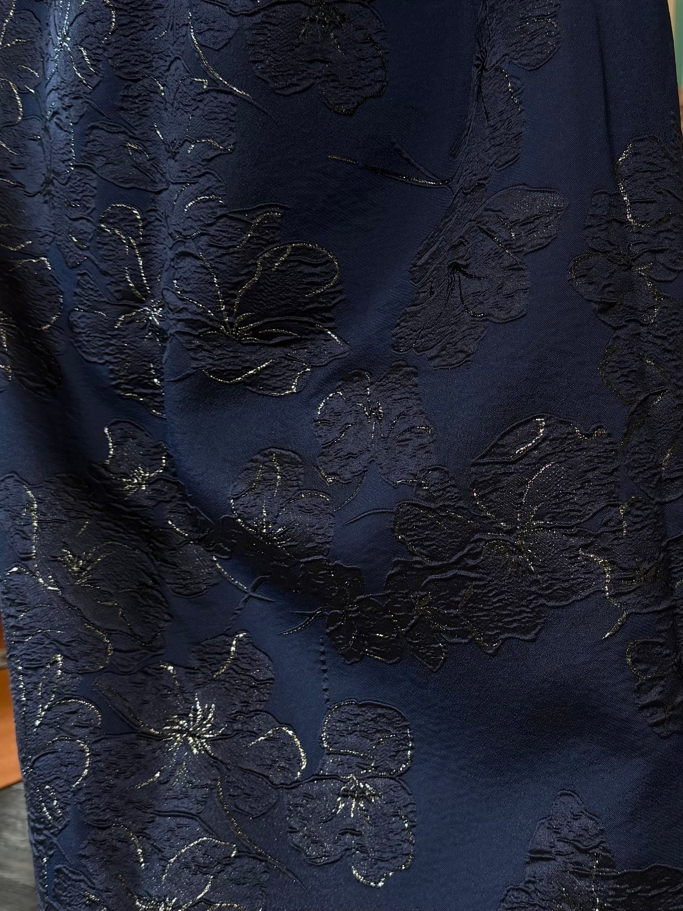 Dark Navy, Dark Metallic Silver Silk Blend Floral Brocade- 55” Wide (1735)