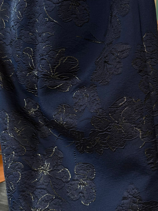 Dark Navy, Dark Metallic Silver Silk Blend Floral Brocade- 55” Wide (1735)
