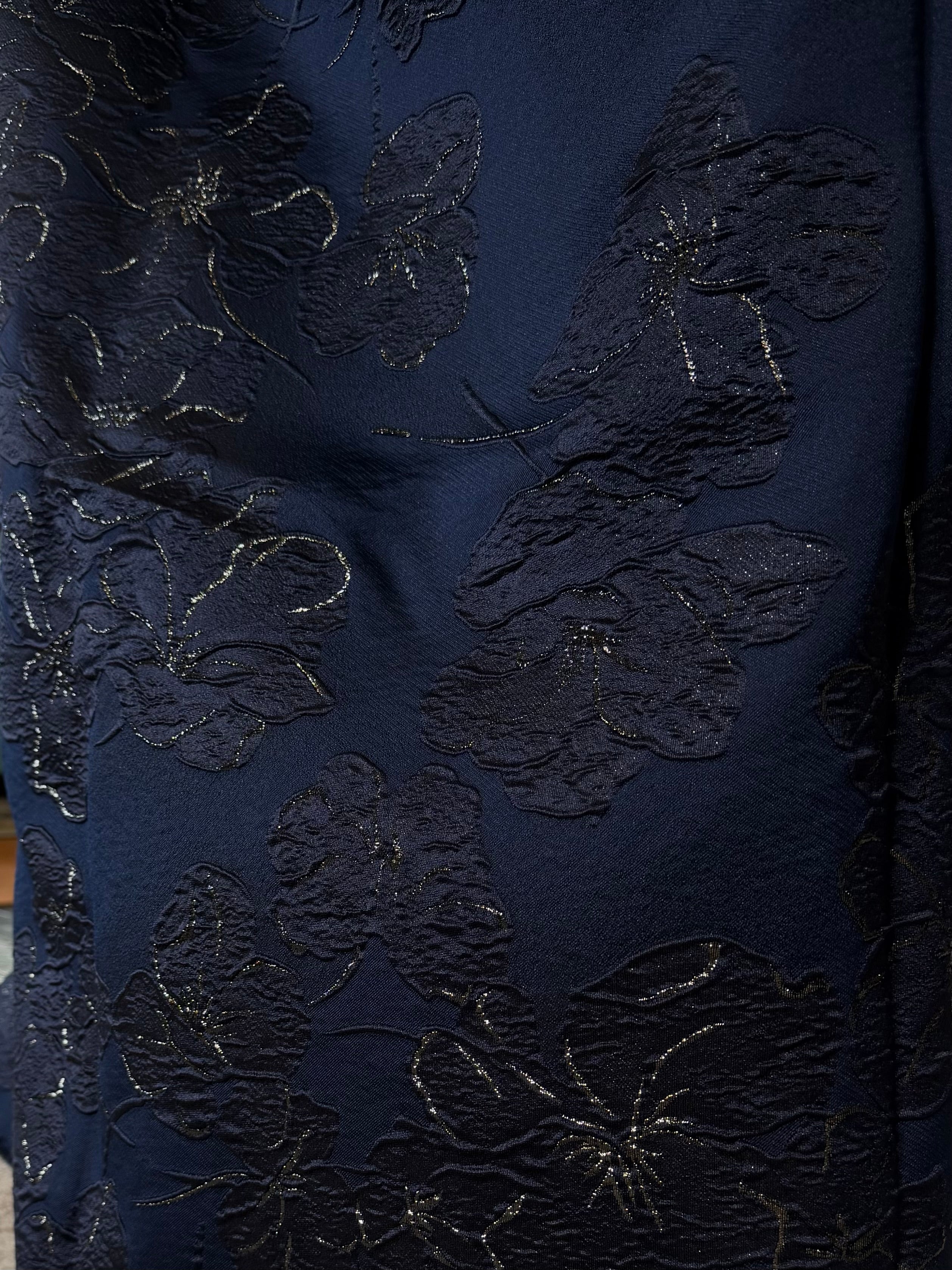 Dark Navy, Dark Metallic Silver Silk Blend Floral Brocade- 55” Wide (1735)