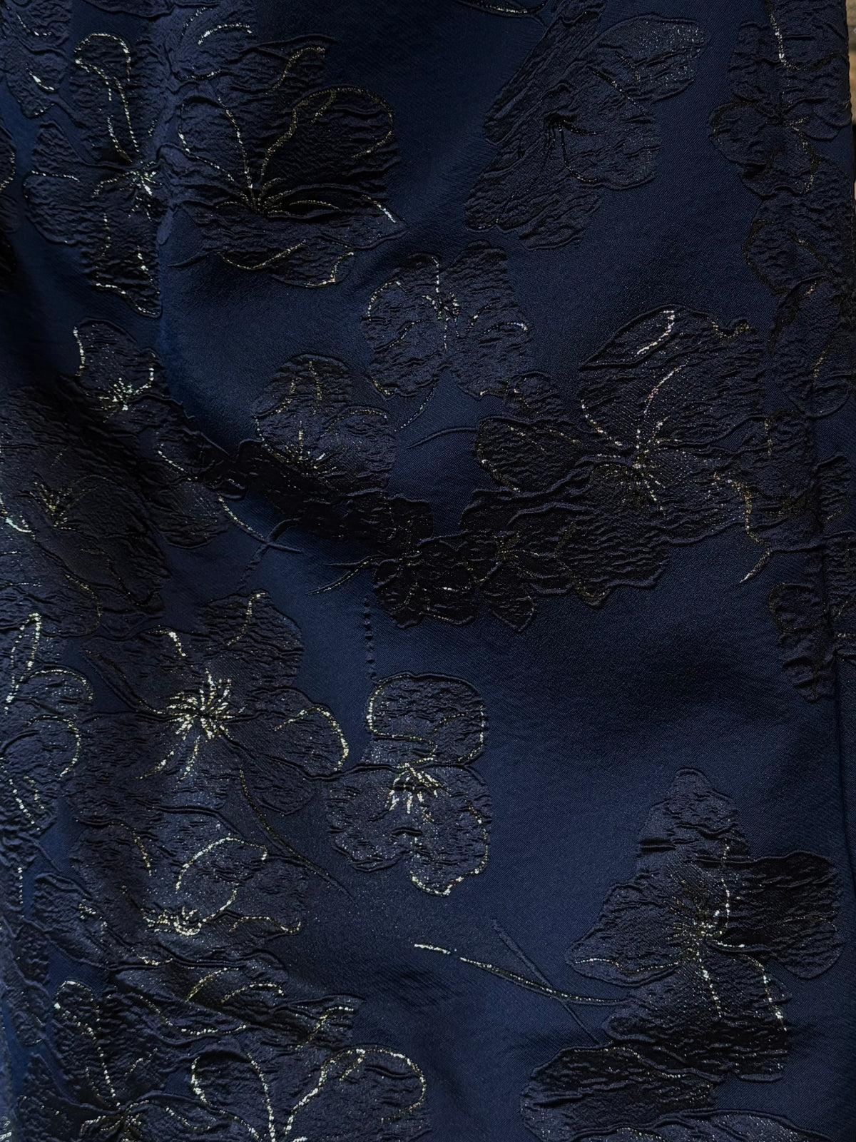 Dark Navy, Dark Metallic Silver Silk Blend Floral Brocade- 55” Wide (1735)