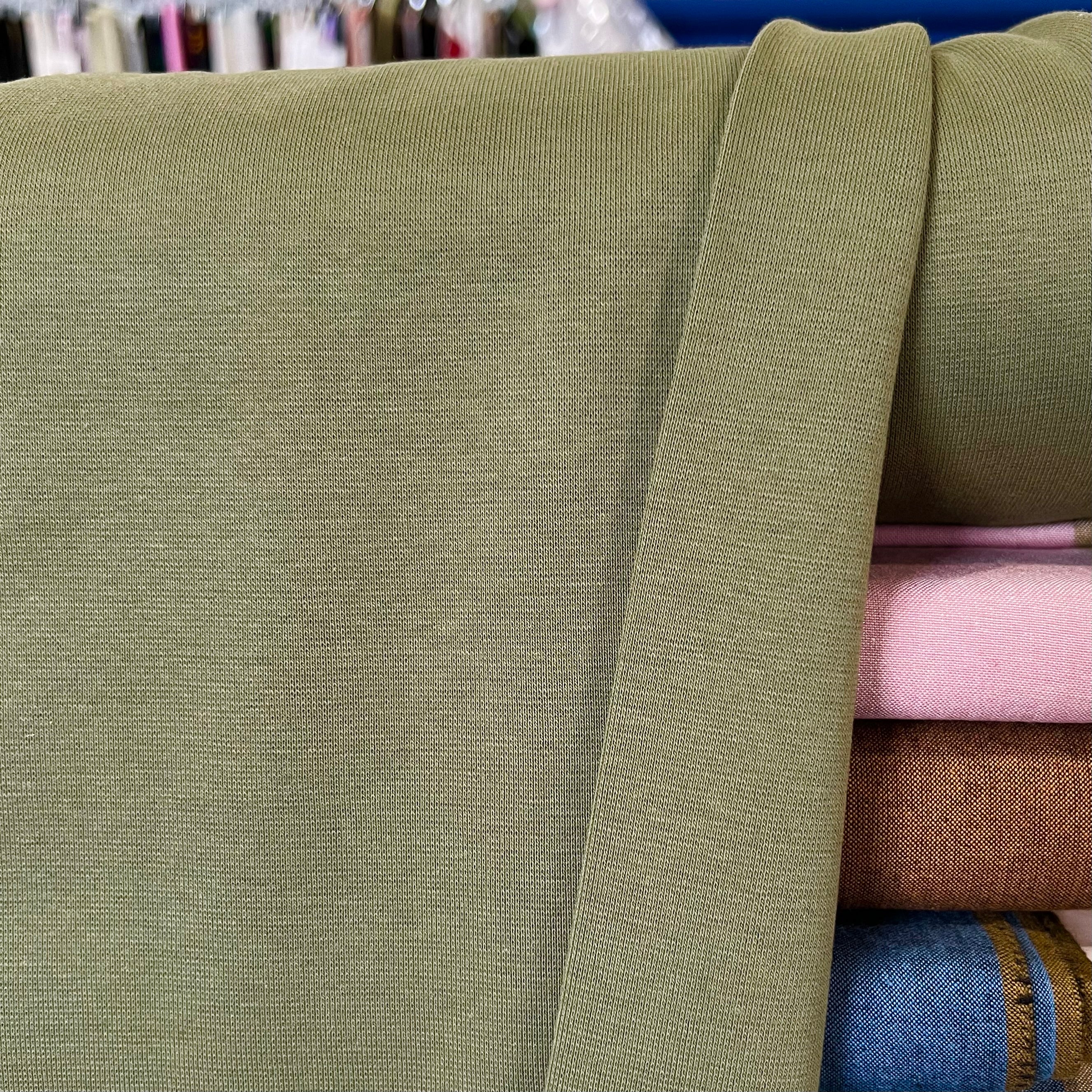 Green “Olive” Avalon 1x1 Rib Knit Cotton Fabric- 68” Wide